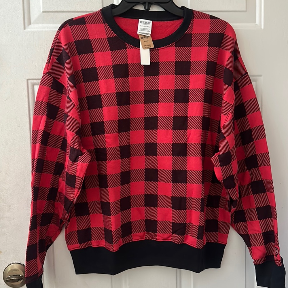 VICTORIA’S SECRET PINK RED/BLACK CHECKERED/PLAID CREWNECK SWEATSHIRT: NWT: SZ XS